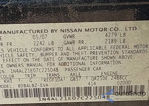 2007 Nissan Altima 2.5 S z USA, uszkodzony, nr VIN 1N4AL21E07C225048